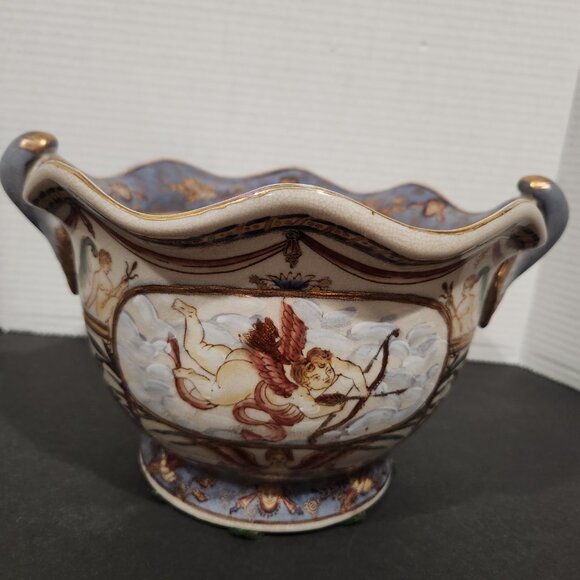 Vintage Cache Pot Hand Painted Italian Style Bowl Large Earthenware w/Cherubs - Picture 3 of 7